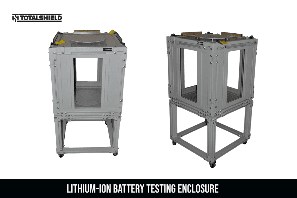 Clear lithium-ion battery testing container manufactured by TotalShield.