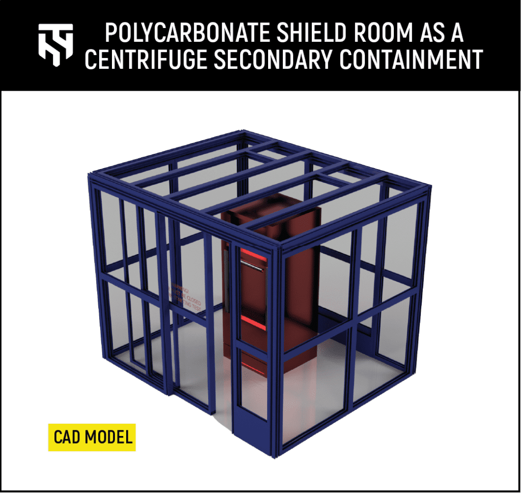 CAD model for a clear shielding room acting as a centrifuge secondary containment.