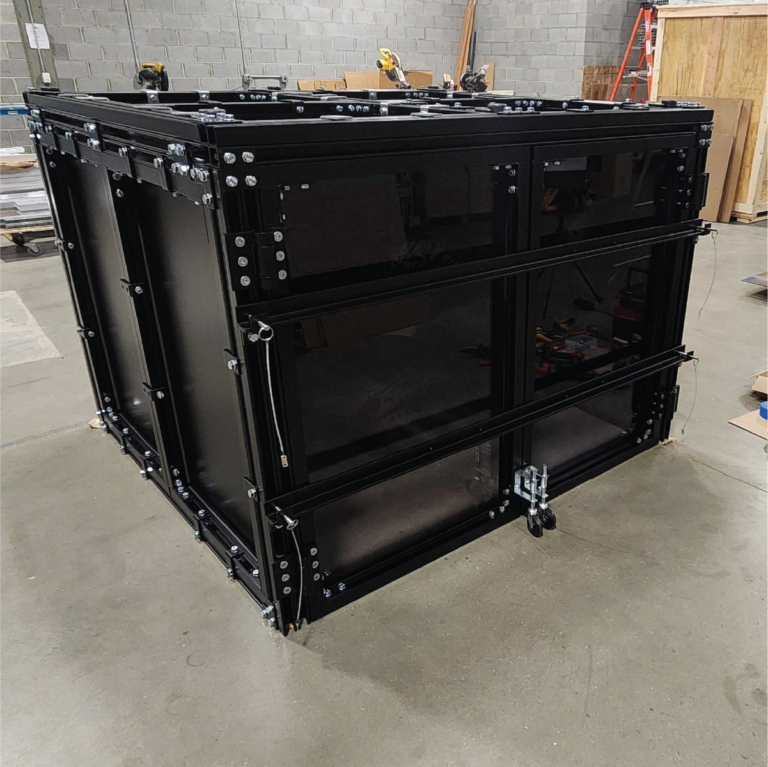 side2-pressure-testing-enclosure-black Pressure testing enclosure designed in black color, side view.